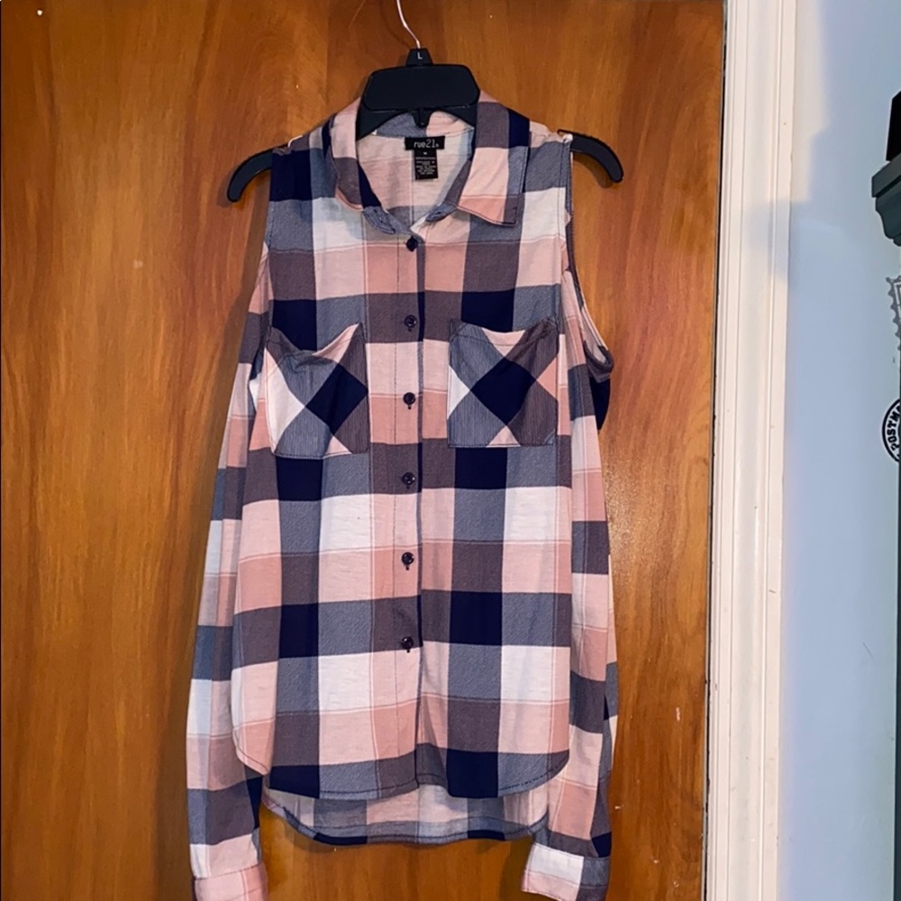 Flannel off the shoulder long sleeve shirt